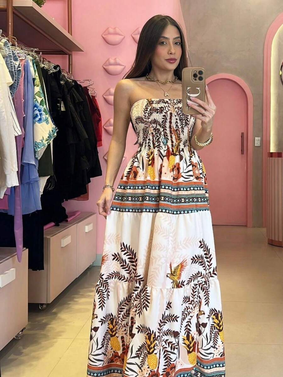 Look Of Millions!!! Long Strapless Dress With Floral Print - Blush Crush - View 1