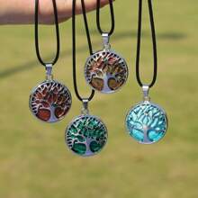 12pcs Natural Stone Pendant Set Natural Stone Round Tree Life Pendant With 5pcs Necklace Bohemian Style Handcrafted Necklace Accessories Perfect Gift For Valentine'S Day, Mother'S Day, Or Birthdays