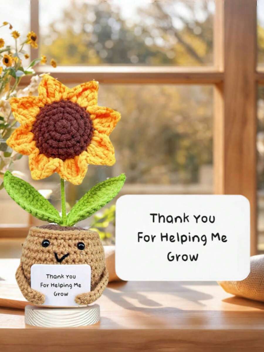 1 套（有趣的钩针向日葵带卡片 - 手工制作的房间装饰，送给妈妈的礼物，母亲节、圣诞节、祖母的生日礼物，假植物 - 彩色 - 查看 1