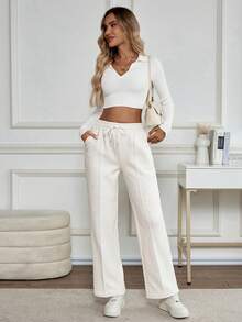 Women's Thermal Lined Solid Color Warm Casual Sports Sweatpants With Drawstring Pockets, Outdoor Long Pants For Autumn/Winter,Fleece