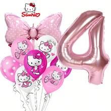 11 قطعة من سلسلة سانريو هالو كيتي، بالونات وردية مطبوعة بشعار هالو كيتي، بالونات وردية بشكل فيونكة وأرقام، مجموعة لحفلة عيد الميلاد العائلية