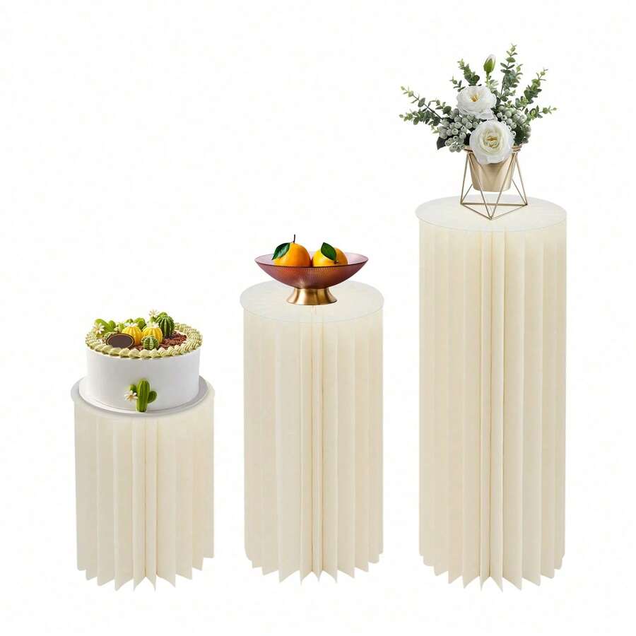 Set Of 3 White Flower Stands, Cardboard Construction With PVC Panels, Multi-Tiered Honeycomb Cylinder Decoration For Weddings, Event Background Indoor & Outdoor, Stable Table Centerpiece For Events - trắng - Xem 1