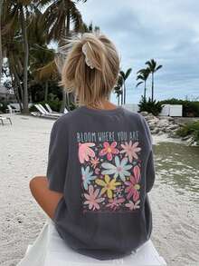 1 件女童休闲印花圆领长袖 T 恤，秋季学生年轻服装 - 深灰色 - 查看 2