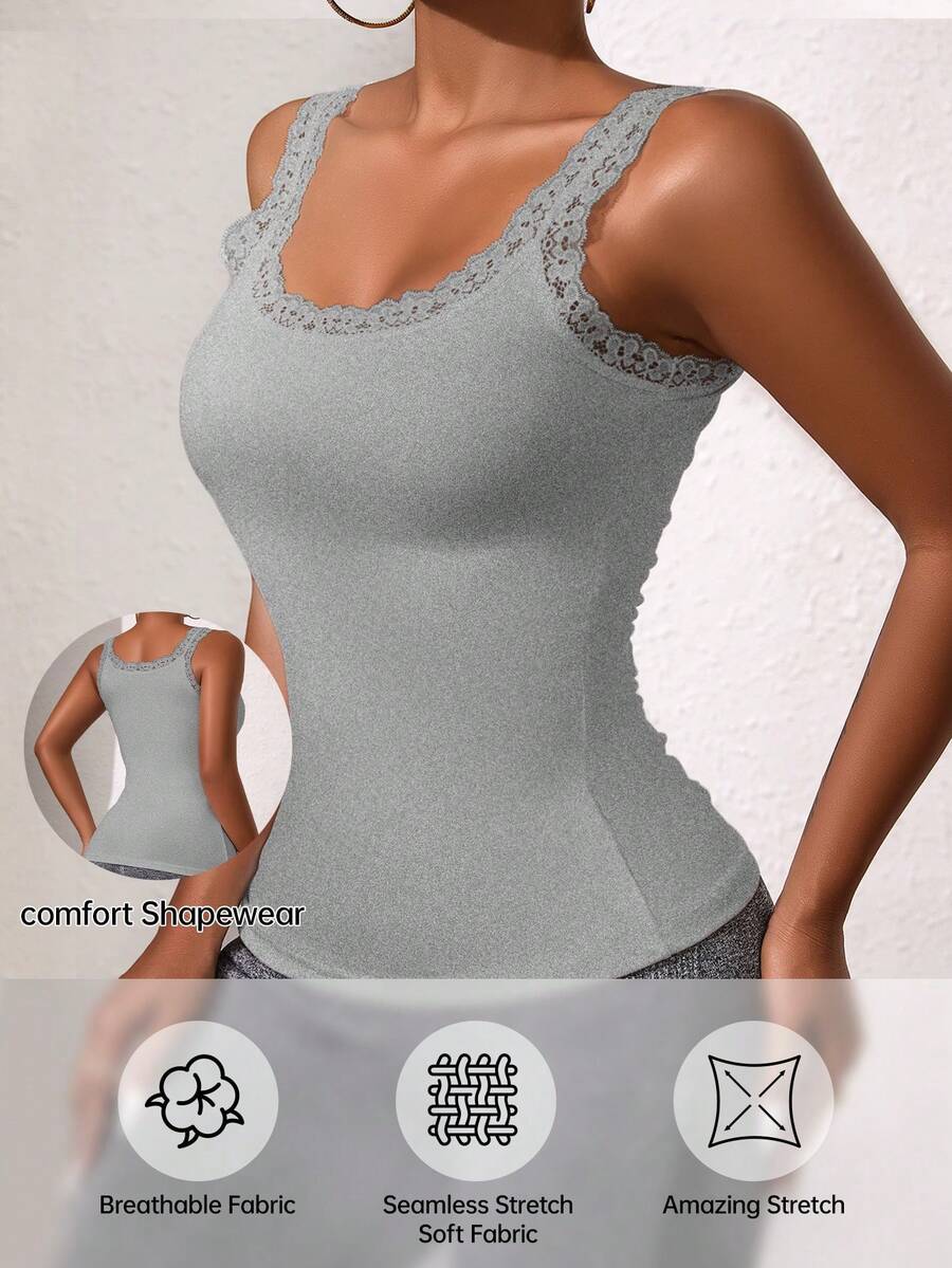 Women Lace Floral Camisole, Lace Patchwork Camisole Top, Casual Solid Color Camisole, Women Sleeveless Lace Trim Solid Color Round Neck Camisole - Grey - View 1