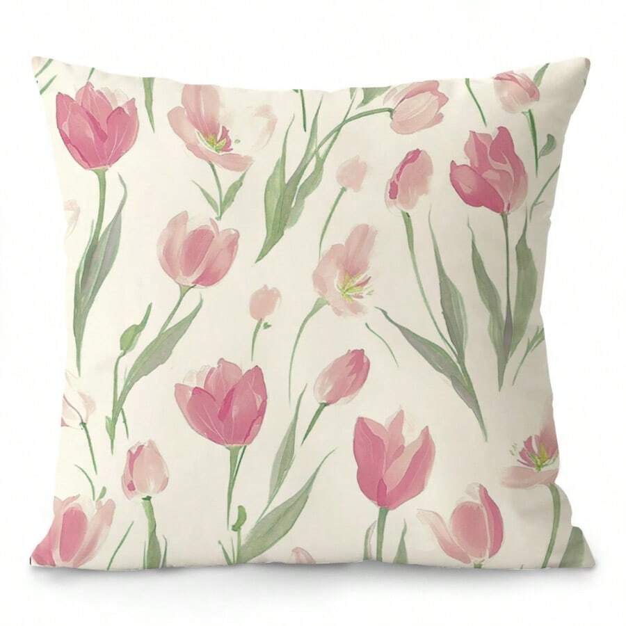 1pc Nordic Floral Purple Tulip Pillowcase - Soft Plush Pillowcase Suitable For Sofa, Bed And Couch - Home Decor Without Pillow Insert - Adds Comfort And Style To Your Sleep Space - Pink - View 1