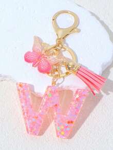 1pc A-Z Letter Butterfly Children's Bag Charm, Bag Accessory, Butterfly Tassel Letter Pendant Keychain, Pink Glitter Letter Keychain With Butterfly Tassel, Girls Bag Charm, Party Gift - Pink - View 13