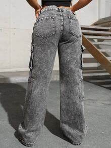 女式多口袋直筒牛仔裤 - 灰色 - 查看 5