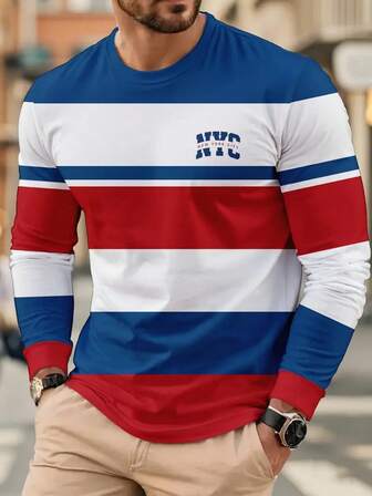 纽约经典时尚条纹长袖T恤，休闲圆领