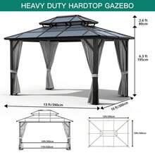 10x13 FT Permanent Aluminum Gazebo 10x12 FT Hardtop Gazebo With Double-Layer PC Roof, Sturdy Metal Pavilion Canopy, All-Weather Outdoor Sunshade Structure With Retractable Curtains For Patio, Backyard, Garden, Deck - Xám - Xem 5