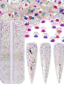 1盒12格3D美甲水钻套装，美甲宝石，水晶透明平底水钻，带收纳盒，6种尺寸（1.5-3.9毫米），适用于美甲工艺和美甲用品 - 彩色 - 查看 16