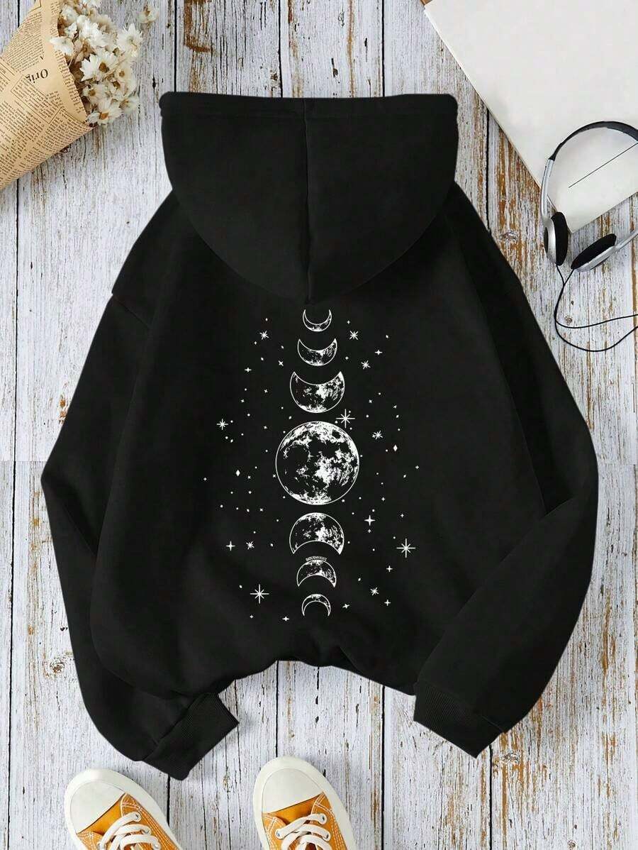 Sudadera con capucha de manga larga con estampado de luna para mujer, tops de manga larga