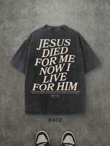 Retro Washed T-Shirt Double Sided Printed (230 Pure Cotton T-Shirt) 'JESUS DIED FOR ME NOW I LIVE FOR HIM'  Letter Print, Christian Gift, Men's T-Shirt, Men's Casual, Comfortable, Fashionable T-Shirt, Street Style Cotton - màu đen - Xem 2