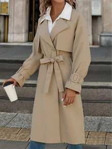 Damen klassischer Herbstmantel, Retro-Stil, minimalistisches Design, mit verstellbarem Taillengürtel und praktischen Taschen, geeignet für den Arbeitsweg und zum Schichten - Beige - Übersicht 4