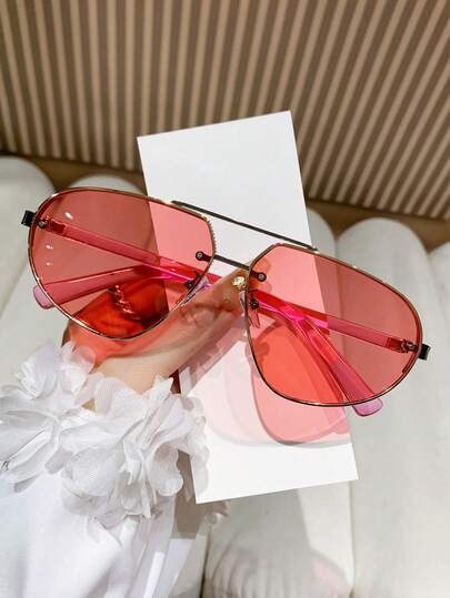 1 件女士时尚眼镜，新款飞行员风格金属双桥，独特多边形设计，高端优雅百搭舒适，适合度假、户外、驾驶、防晒、舞台表演、派对