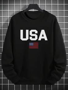 US Flag Pattern Men's Basic Sweatshirt, Casual Street Style For Spring And Autumn - Black - View 5