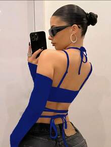 Crop Top sexy con cintas envolventes mangas largas, hombros descubiertos para  Fiesta  Sexy    Tela    Cordones Falsos  asimétrico  Cinta  Asimétrico    Noche de fiesta  Vacaciones  Diario  Despedida de soltera  Escenario y concierto  Concierto de música country  Deportes y fitness    primavera-verano otoño-invierno - azul real - Ver 2