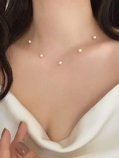 1pc Beige Faux Pearl Necklace, French Elegant Lady Commute & Date Choker, Casual Vacation Neck Chain Accessory