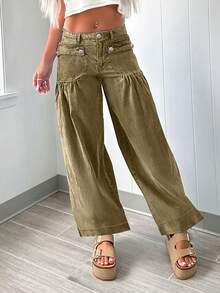 Fashionable Personalized Street Style Commuting Design Pleated Front Pocket Women Loose Straight Leg Jeans - Green - View 1