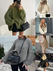 Women's Oversized Pullover Sweaters  Fall Winter Mock Neck Lantern Sleeve Crochet Casual Knitted Jumper Tops Solid Color Loose Blouse - 駝色 - 查看 4