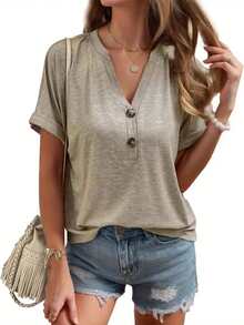 SANOPY Plus Size Women'S Solid 3-Pack V-Neck T-Shirt Set - Stretch Polyester, Machine Washable Short Sleeve Top - Perfect For Spring And Summer Casual Wear - 彩色 - 查看 3