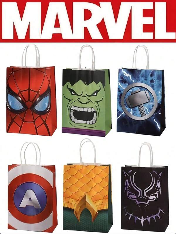 Marvel 6pcs/14pcs Marvel Avengers Theme Spider-Man Party Gift Bags, Black Leopard Kraft Paper Bags, Hulk, Marvel Captain Decorative Paper Gift Bags For Birthday Party