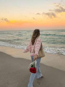 Women's Cute Casual Long Sleeve Off-Shoulder Sweater Striped Pink Knitted Sweater Top Pullover Homecoming Fall Winter Going Out Outfits Clothes Suitable For Daily Wear