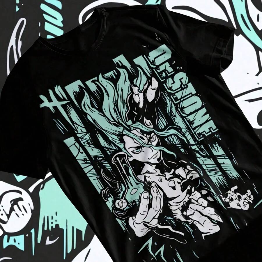 Dr. Stone Senku Ishigami Anime Manga Shirt Short-Sve Uni T-Shirt Ft Aesthetic Y4145K Style Summer9 - 黑色1 - 查看 1
