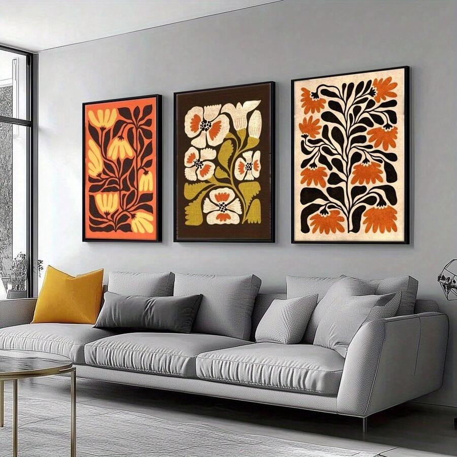 3pcs Vintage Floral Canvas Art Home Decoration, Moisture-Proof Wall Decoration, Suitable For Living Rooms, Bedrooms, Kitchens, Cafes, Bars, Decorations, Dormitories, Home Wall Decoration Optional Wooden Frame - Multicolor - View 1