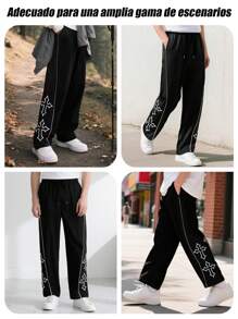 1 pieza Pantalones casuales para hombres con bordado de cruz, con cordón, ribete reflectante, adecuados para uso casual, playa, trabajo, entrenamiento, con ajuste recto relajado para primavera, verano, otoño, invierno, regalo para novio/esposo, regalo conmemorativo, para volver a la escuela - Negro - Ver 8