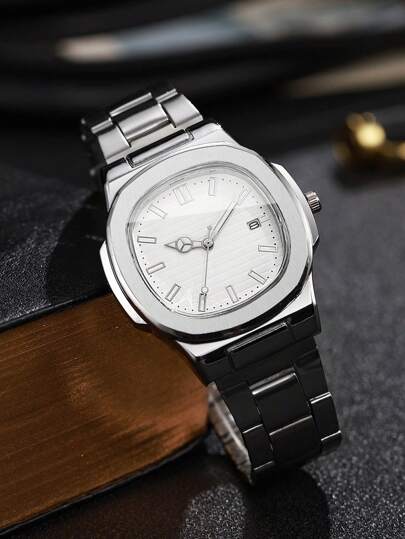 1pc Square Dial Calendar Stainless Steel Quartz Business Wrist Watch, No Horloge Box Included view 7