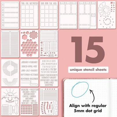 15pcs Ultimate Productivity Journal Stencil Set - Custom-Designed Supplies For Bullet Dotted Journal Planners, DIY Templates To Create Calendars, Lists, Letters, Numbers, Bullet Point Checklists, Daily/Weekly/Monthly Calendars Back To School