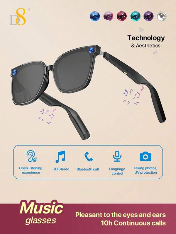 Lunettes intelligentes sans fil avec diamants appliqués à la main D8, (Musique et appel) pour appareils intelligents, pour hommes et femmes, se connecte aux téléphones portables et tablettes, idéal pour le cyclisme, les jeux, l'écoute de musique ou les appels, cadeau pour les vacances, la Saint-Valentin, Noël, indispensable pour les vacances d'automne et d'hiver, le camping
