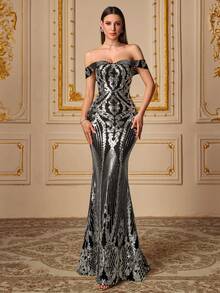 UNITHORSE [Random Cut] Women's Off-Shoulder Backless Dress, Shiny Sequin Elegant Evening Gown, Bridal Dress, Birthday Dress, Graduation Dress, Formal Dress - Silver - View 1