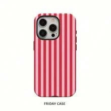 Pink Striped, Minimalist, Dual-Layer Protective Phone Case For Iphone 16 Pro Max, 15 Pro, 13, 11, 12, XS Glossy 2-In-1 - 白色 - 查看 1