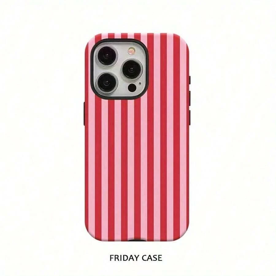 Pink Striped, Minimalist, Dual-Layer Protective Phone Case For Iphone 16 Pro Max, 15 Pro, 13, 11, 12, XS Glossy 2-In-1 - 白色 - 查看 1
