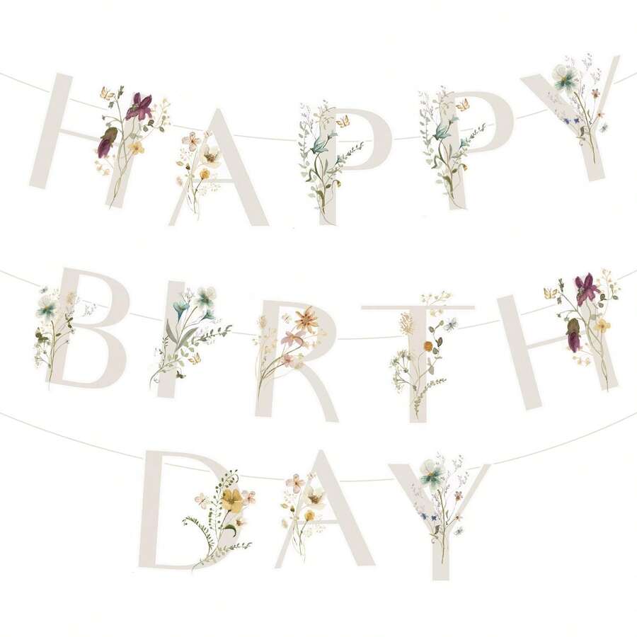 1 套，花蝴蝶生日快乐横幅，波西米亚风时尚花卉和蝴蝶生日字母，野花蝴蝶花园派对装饰品，适合 1 岁、21 岁、30 岁、40 岁、50 岁、60 岁、70 岁生日派对 - 彩色 - 查看 1