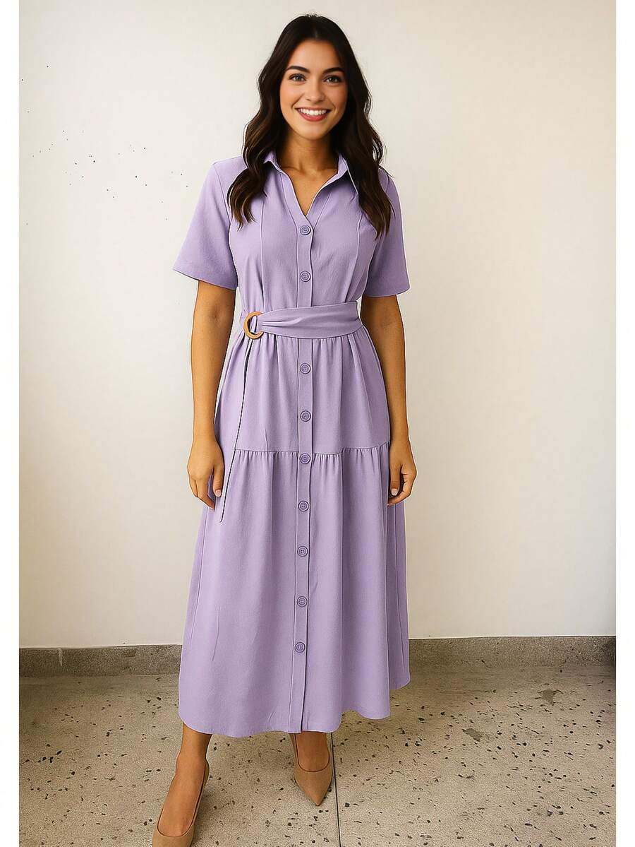 Linen Midi Dress With Lining, Buttons And Structured Collar - Lilac Purple - View 1