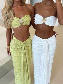 Women Summer Outfits Cute Shells Crop Bandeau Tops And Elastic Tie Front Skirt Set For Streetwear Aesthetic Clothes - White - View 6