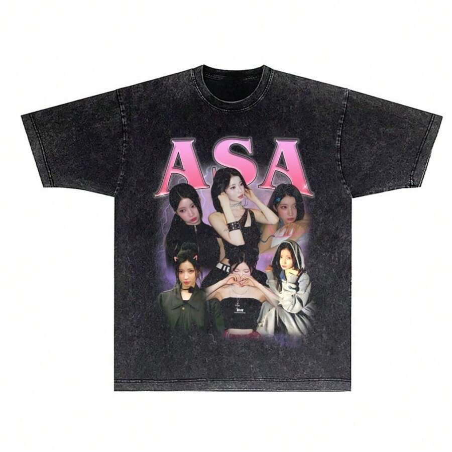 BABYMONSTERS ASA With The Same Style Enami Apricot-Yarn South Korean Fashion TrendSS Outdoor Printcomfortable Short-Sleeved T-Shirt - Black - View 1