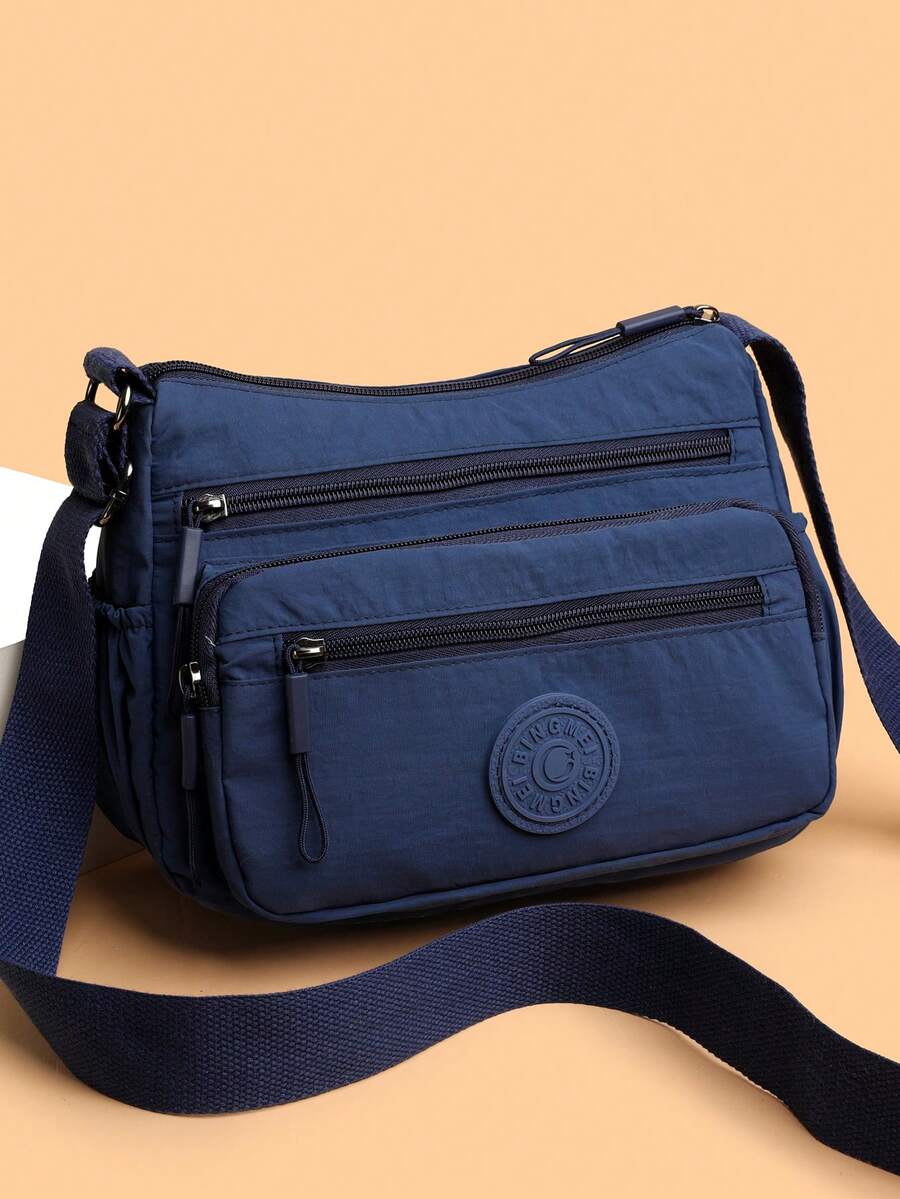 Casual Nylon Shoulder Bag With Adjustable Strap, Multi-Compartment, Solid Color, Zipper Closure, Polyester Lining, Lightweight And Convenient Crossbody Bag For Daily Use - Blue - View 1