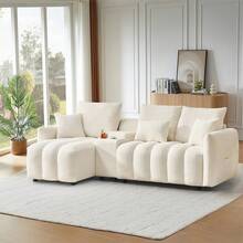 91" L Shaped Sofa With Storage Console, Plush Cloud Couch With Cup Holder And Hiden Storage Compartment, Soft Teddy Fabric 3-Seater Sectional Couch For Living Room & Apartment - 米色 - 查看 2