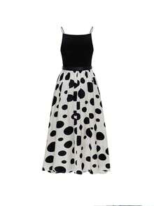 2026春夏新款优雅米色黑波点中长连衣裙 | 高腰喇叭下摆宽松版型，配金属扣腰带 | 适合派对、通勤、约会、毕业典礼及其他夏季场合 - 黑與白 - 查看 7