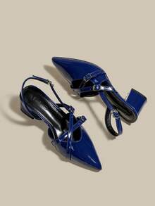 Women's Navy Blue Patent Leather Pointed Toe Single Strap Chunky Heel Pumps, Elegant Pointed Toe Formal High Heels, Fashionable Slingback High Heel Shoes - Royal Blue - View 6