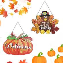 2pcs Thanksgiving DIY Diamond Painting Hanging Plaque, Full Of Autumn And Thanksgiving Atmosphere, DIY Diamond Decor Plaque, Diamond Painting Art Hanging Decor, Holiday Decor Plaque, Comes With Iron Chain, DIY Diamond Window/Door Hanging Decor, Diamond Painting Handicraft, Great Gift Choice, Suitable For Beginners, Improve Hands-On Ability, Diamond Painting Decor Plaque Set, Comes With Tools, DIY Hanging Plaque