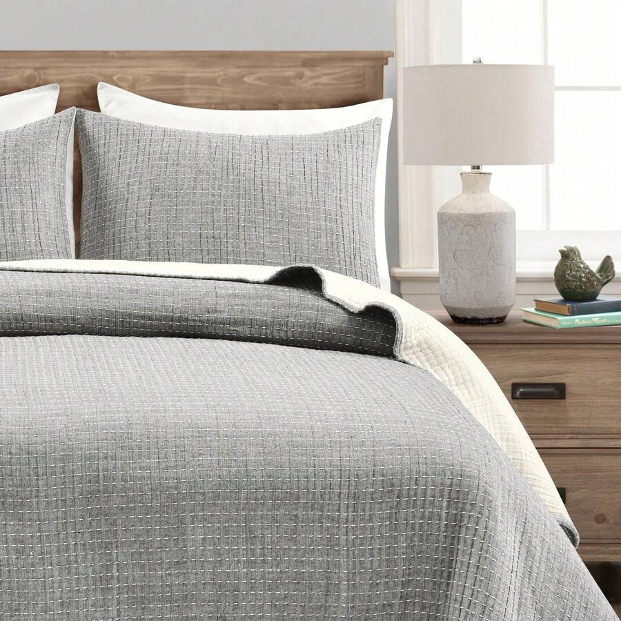 LUSH DECOR Solid Kantha Pick Stitch Yarn Dyed Cotton Woven Quilt/Coverlet Light Gray/White 3Pc Full/Queen Halloween-Fall Decor-Room Decor - 淺灰色/白色 - 查看 1