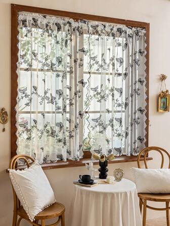 1pc Beige Embroidered Chrysanthemum Lace Sheer Curtain