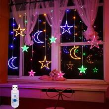 星月造型装饰串灯，电池供电，适用于派对、婚礼、生日等场合，可用作窗帘灯、卧室星月灯、学生公寓装饰、室内外装饰，闪耀的婚礼花园和房间装饰