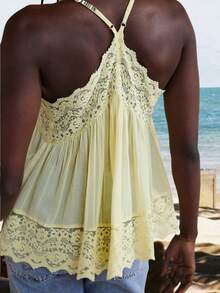 Babydoll Tops For Women Y2k Lace Boho Tops Sleeveless Spaghetti Strap Tank Tops Solid Color See Through Cami Tops V Neck Backless Loose Fit Shirts Going Out Smocked Tops Beach Vacation Peplum Tops Streetwear Vintage Clothes - 黃色 - 查看 2