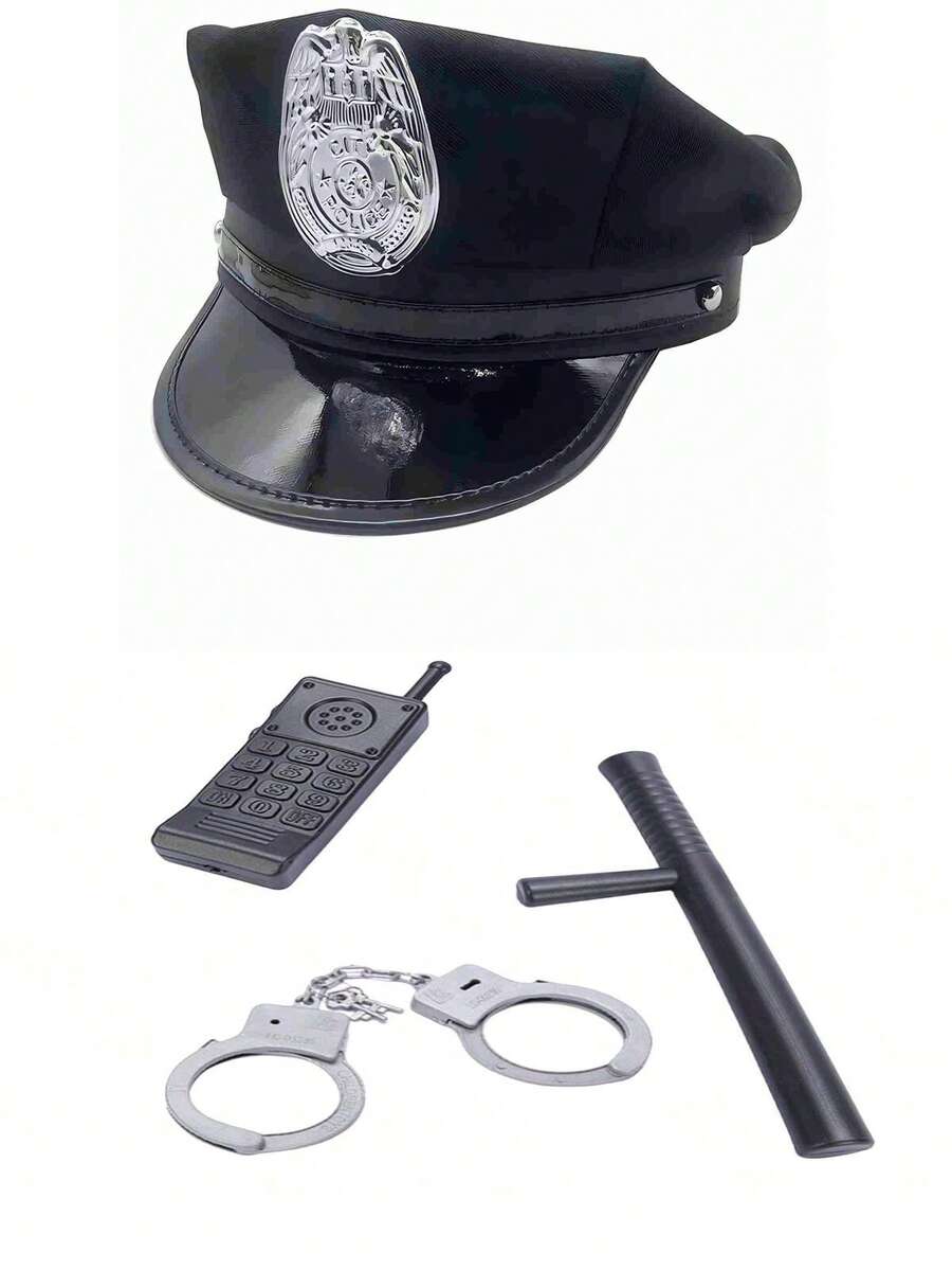 4pcs Halloween Costume Play Toys, Random Style Including Plastic Handcuffs, Walkie-Talkie, Hat And Baton - Black - View 1