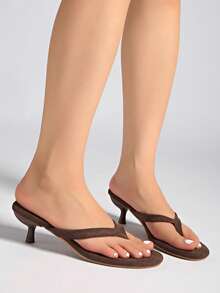 Women's Brown Suede Mid-Heel Sandals, New Summer Collection,Kitten Heels - Brown - View 2